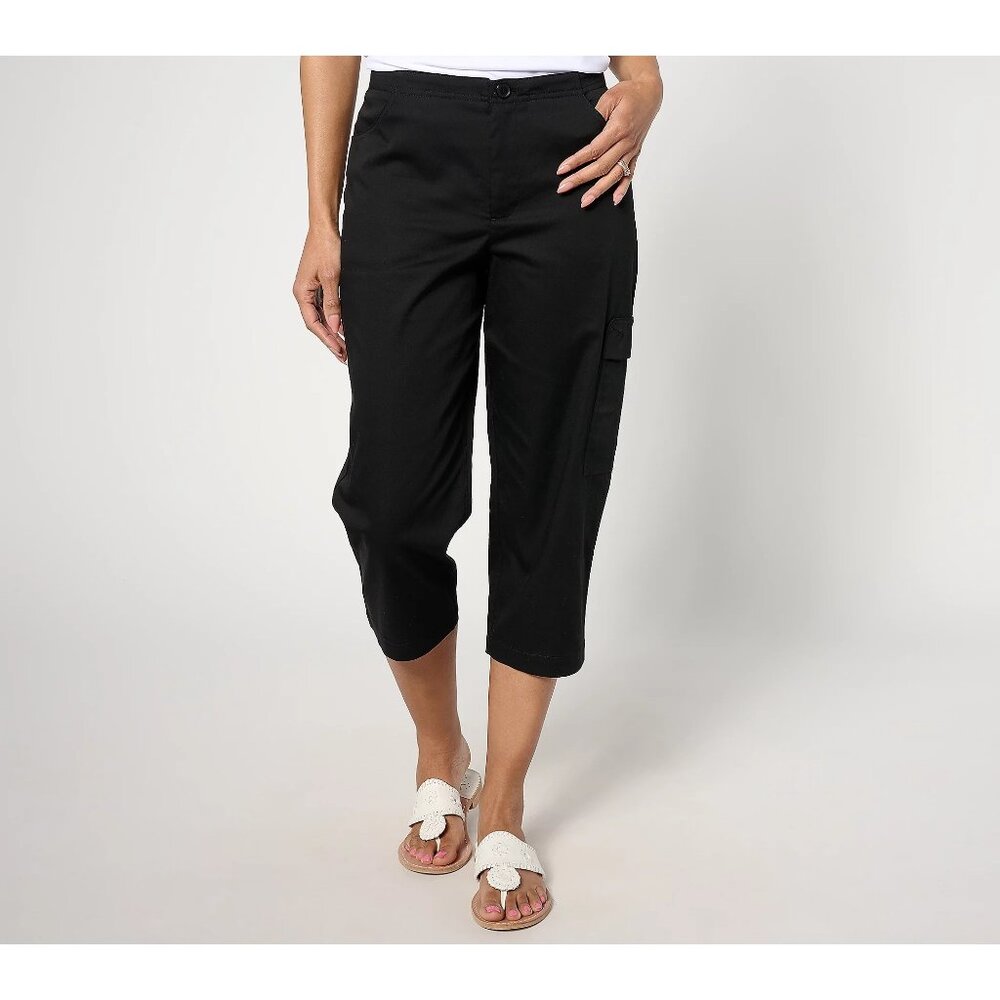 Susan Graver Weekend Petite Stretch Cotton Sateen Capri Pant Size 6P Cargo Black
